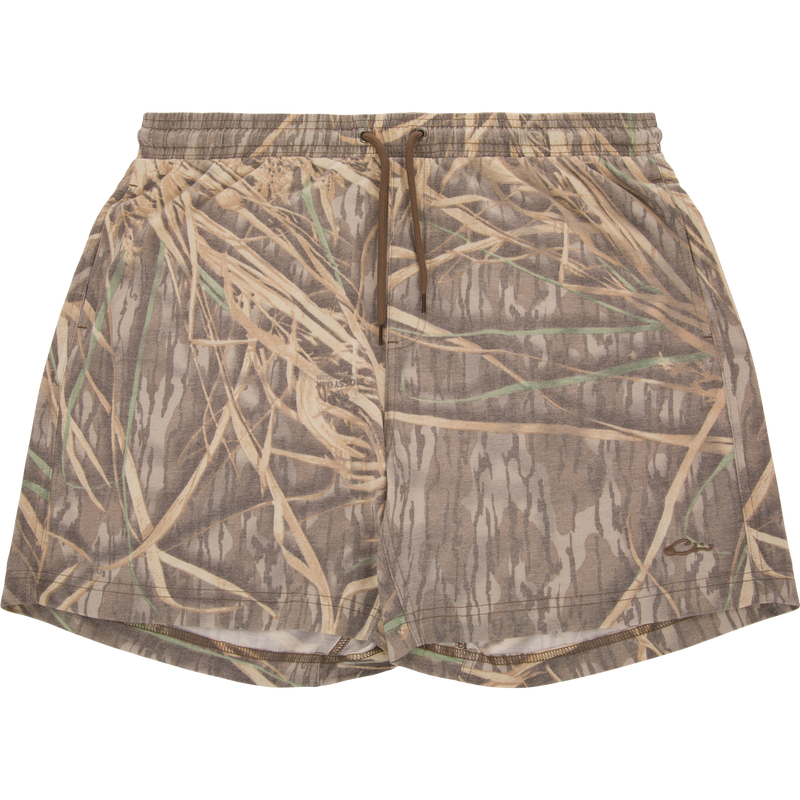 Tri-Blend Campus Short with grass camo print, elastic waistband, and side pockets. Quick-drying, breathable fabric ideal for casual or active use.