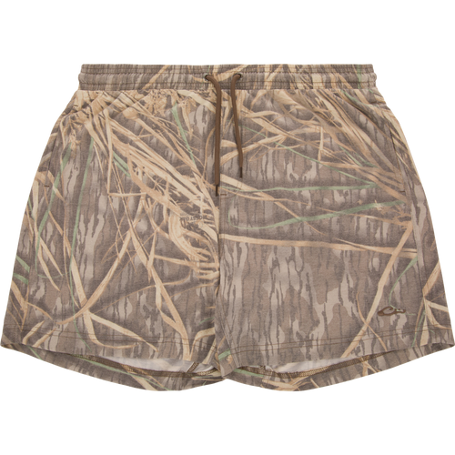 Tri-Blend Campus Short with grass camo print, elastic waistband, and side pockets. Quick-drying, breathable fabric ideal for casual or active use.