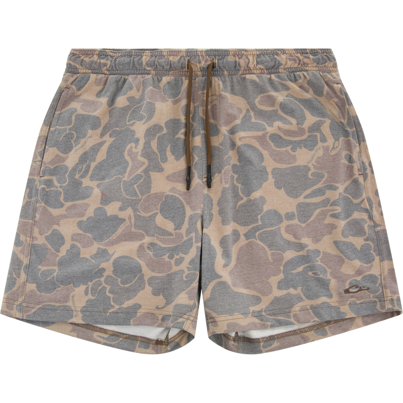 Tri-Blend Campus Short in muted camo, featuring an elastic waist, side pockets, and a drawstring, ideal for comfort and versatility in casual and active settings.