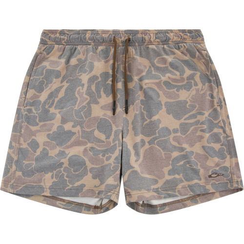 Tri-Blend Campus Short in muted camo, featuring an elastic waist, side pockets, and a drawstring, ideal for comfort and versatility in casual and active settings.