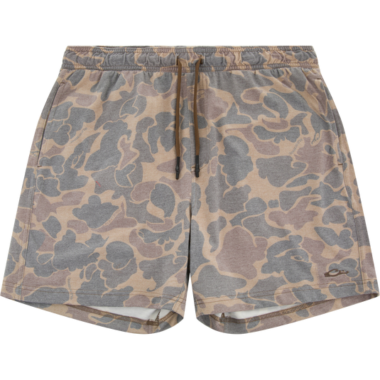 Tri-Blend Campus Short in muted camo, featuring an elastic waist, side pockets, and a drawstring, ideal for comfort and versatility in casual and active settings.