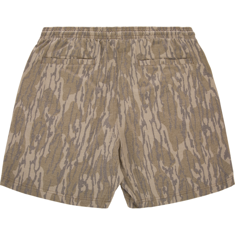 Tri-Blend Campus Short with elastic waistband and welt pockets, featuring a camo pattern in muted tan and gray, ideal for casual comfort and versatility.