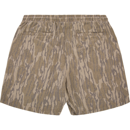 Tri-Blend Campus Short with elastic waistband and welt pockets, featuring a camo pattern in muted tan and gray, ideal for casual comfort and versatility.