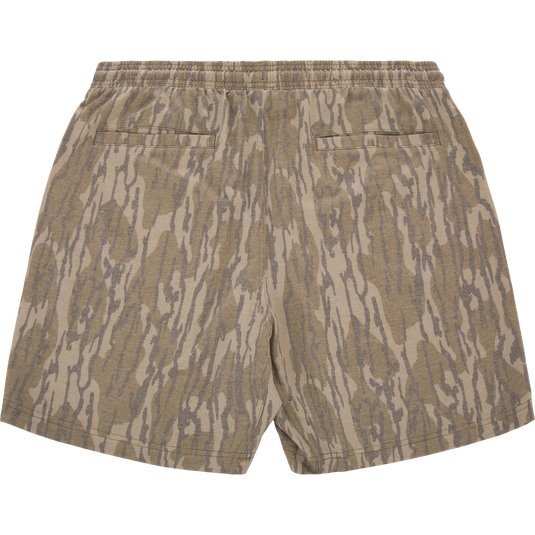 Tri-Blend Campus Short with elastic waistband and welt pockets, featuring a camo pattern in muted tan and gray, ideal for casual comfort and versatility.