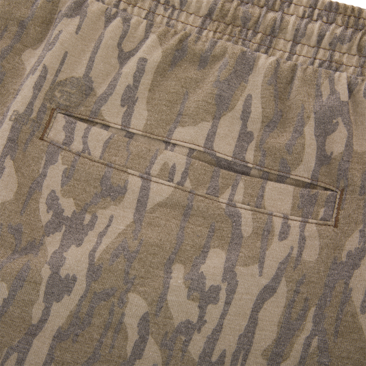Close-up of the Tri-Blend Campus Short with camo-print, featuring an elastic waistband and welt pocket, highlighting its soft, stretchy, and quick-drying fabric.