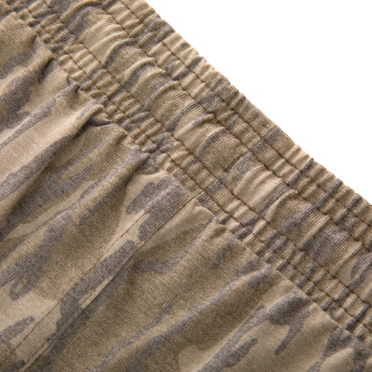 Close-up of the Tri-Blend Campus Short's elastic waistband, showcasing its soft cotton-poly-rayon blend and camouflage print, emphasizing comfort and flexibility for casual wear.