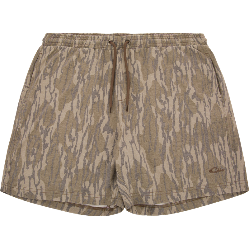Tri-Blend Campus Short in woodland camo, featuring elastic waistband and drawstring, designed for comfort with soft, quick-drying fabric and 7-inch inseam.
