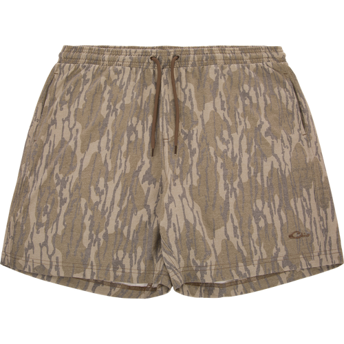 Tri-Blend Campus Short in woodland camo, featuring elastic waistband and drawstring, designed for comfort with soft, quick-drying fabric and 7-inch inseam.