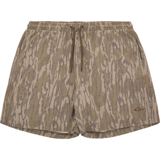 Tri-Blend Campus Short in woodland camo, featuring elastic waistband and drawstring, designed for comfort with soft, quick-drying fabric and 7-inch inseam.