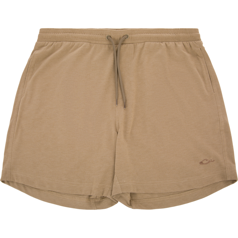 Tri-Blend Campus Short with elastic waistband, drawstring, and side pockets, showcasing comfort and versatility with a 7-inch inseam for casual and active wear.