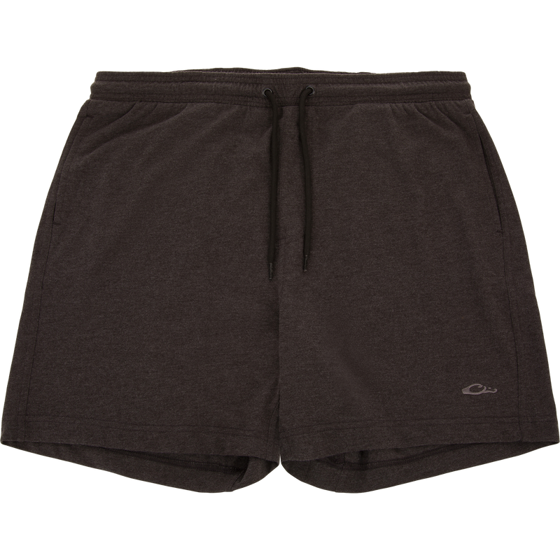Tri-Blend Campus Short with elastic waistband, black drawstring, side pockets, tonal logo; crafted for comfort with soft, breathable, quick-drying fabric and 7-inch inseam.