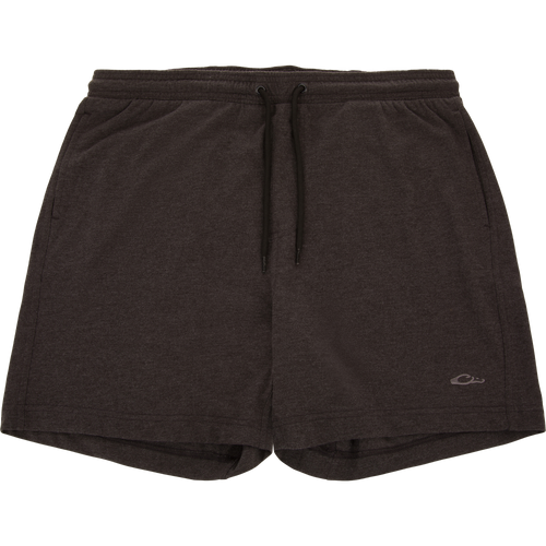 Tri-Blend Campus Short with elastic waistband, black drawstring, side pockets, tonal logo; crafted for comfort with soft, breathable, quick-drying fabric and 7-inch inseam.