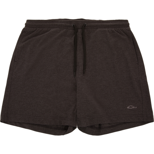 Tri-Blend Campus Short with elastic waistband, black drawstring, side pockets, tonal logo; crafted for comfort with soft, breathable, quick-drying fabric and 7-inch inseam.