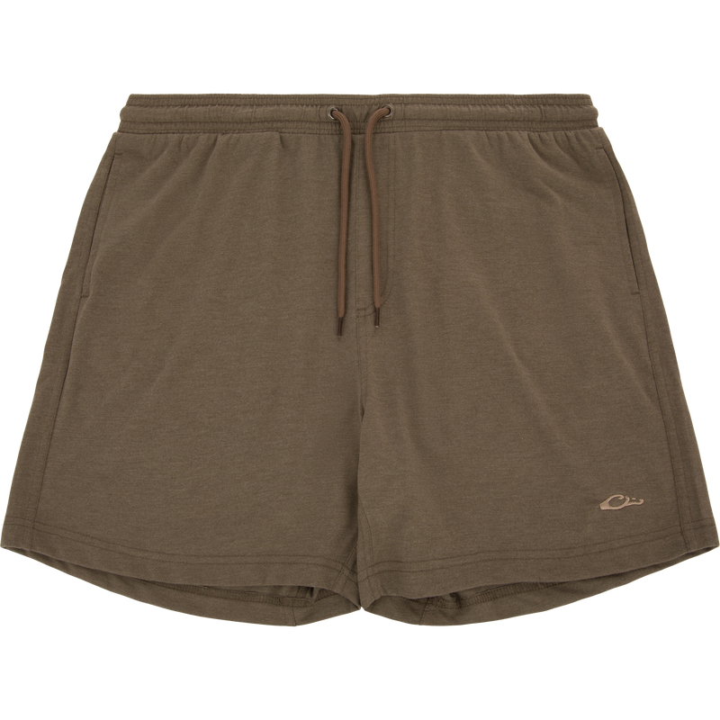 Tri-Blend Campus Short with elastic waistband, drawstring, side pockets, and embroidered logo, offering lightweight comfort and stretch for everyday casual wear.