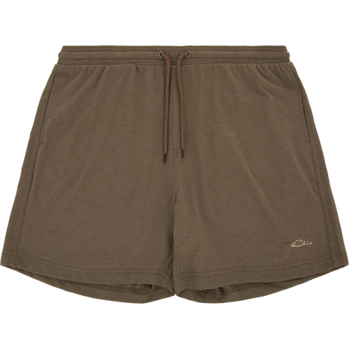 Tri-Blend Campus Short with elastic waistband, drawstring, side pockets, and embroidered logo, offering lightweight comfort and stretch for everyday casual wear.