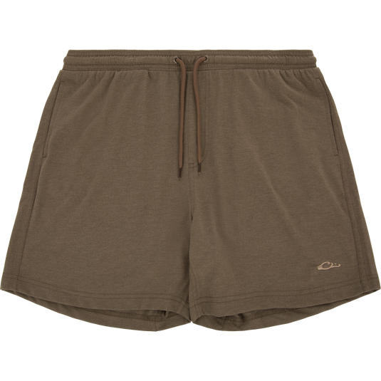 Tri-Blend Campus Short with elastic waistband, drawstring, side pockets, and embroidered logo, offering lightweight comfort and stretch for everyday casual wear.