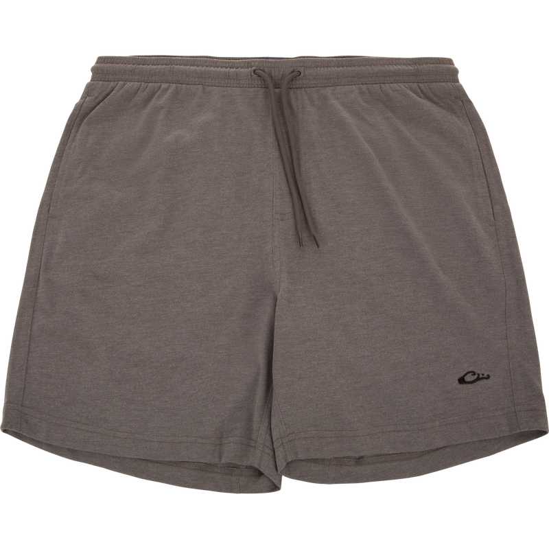 Tri-Blend Campus Short, charcoal-gray with elastic waistband and side pockets, featuring a small embroidered logo, designed for comfort with breathable, quick-drying fabric and a 7-inch inseam.