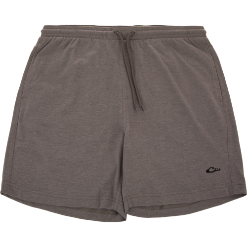 Tri-Blend Campus Short, charcoal-gray with elastic waistband and side pockets, featuring a small embroidered logo, designed for comfort with breathable, quick-drying fabric and a 7-inch inseam.