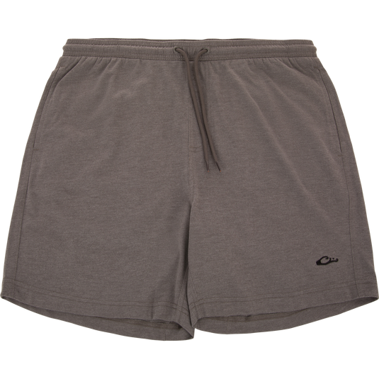 Tri-Blend Campus Short, charcoal-gray with elastic waistband and side pockets, featuring a small embroidered logo, designed for comfort with breathable, quick-drying fabric and a 7-inch inseam.
