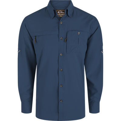 Men’s long-sleeve navy shirt with button-down front, point collar, two chest pockets—one zipped, one buttoned. Suitable for outdoor activities. Label: Drake Clothing Company.