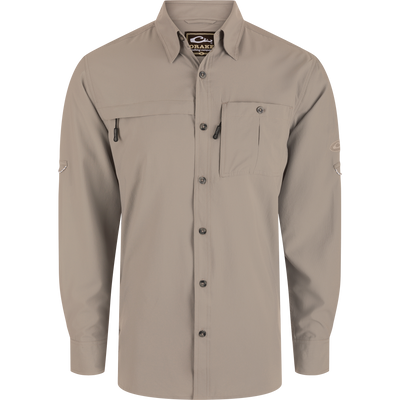 Youth Long-Sleeved 8-Shot Flyweight Shirt with point collar, button placket, two chest pockets, and Drake Clothing Company label, showcasing hunting functionality.