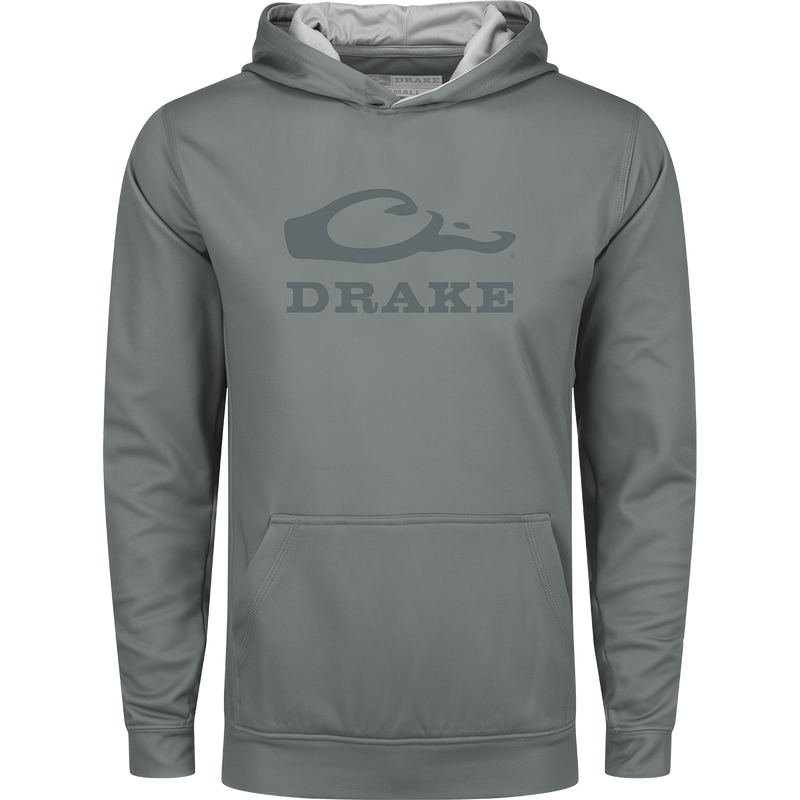 Youth Performance Stacked Hoodie by Drake Waterfowl, featuring a logo, kangaroo pocket, and adjustable lined hood. Made from stretchy polyester-spandex fleece for warmth and durability.