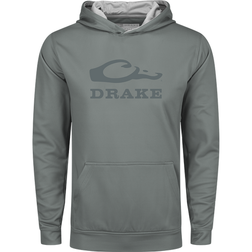 Youth Performance Stacked Hoodie by Drake Waterfowl, featuring a logo, kangaroo pocket, and adjustable lined hood. Made from stretchy polyester-spandex fleece for warmth and durability.