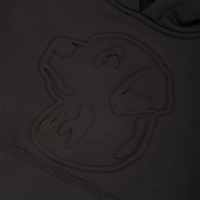 Close-up of the Youth Back Eddy Limited Edition Hoodie by Sale—this black hoodie features a water-resistant, embossed dog face logo for standout style.