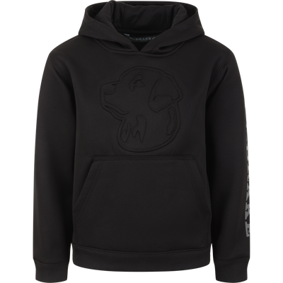 The Youth Back Eddy Limited Edition Hoodie by Sale in Lab Caviar Black features a large embossed dog’s head logo, front kangaroo pocket, water resistant finish, and a subtle left sleeve graphic.