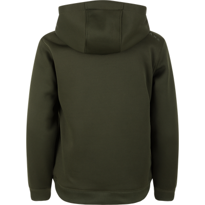 The Youth Back Eddy Limited Edition Hoodie by Sale is shown from the back in dark green with long sleeves, ribbed cuffs and hem, and a subtle embossed logo on a white background.