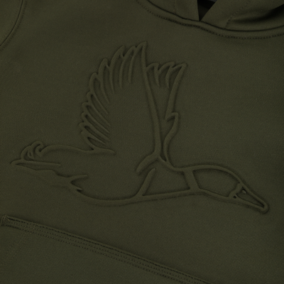 Close-up of the Youth Back Eddy Limited Edition Hoodie by Sale in olive green, featuring a flying goose embossed on its water-resistant fabric.