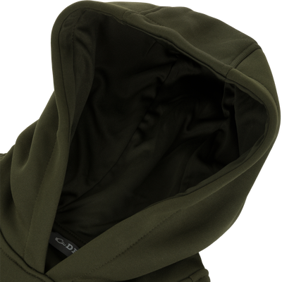 A close-up of the olive green Youth Back Eddy Limited Edition Hoodie by Sale, highlighting the hood, upper shoulder, and embossed logo against a white background.