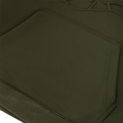 Close-up of the Sale Youth Back Eddy Limited Edition Hoodie in olive green, featuring a front kangaroo pocket, ribbed hem, visible stitching, texture detail, and embossed logo.