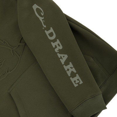 The Youth Back Eddy Limited Edition Hoodie by Sale is an olive green hoodie with an embossed duck head on the chest and “Drake” in bold down the sleeve.