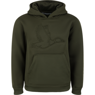 The Youth Back Eddy Limited Edition Hoodie by Sale comes in Mallard Deep Depths with a front pocket, embossed flying goose logo, and water-resistant fabric for added protection.