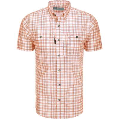 Drake Hunter Creek Window Pane Plaid Short Sleeve Shirt with ventilated back, buttoned chest pockets, and hidden sunglass wipe, ideal for outdoor activities.