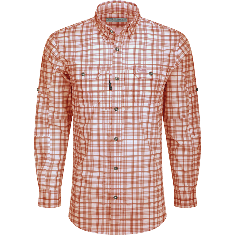 Hunter Creek Window Pane Plaid Shirt L/S: A lightweight, moisture-wicking shirt with hidden button-down collar, vented back, and chest pockets with closures.