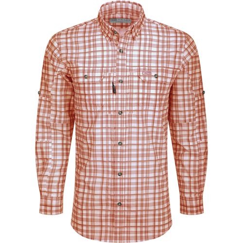 Hunter Creek Window Pane Plaid Shirt L/S: A lightweight, moisture-wicking shirt with hidden button-down collar, vented back, and chest pockets with closures.