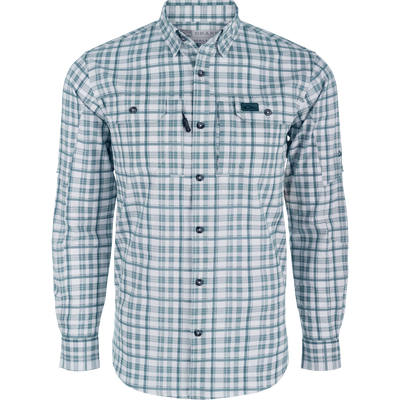 Hunter Creek Window Pane Plaid Shirt L/S, featuring micro-mesh weave, hidden button-down collar, chest pockets, and sculpted hem for versatile wear.
