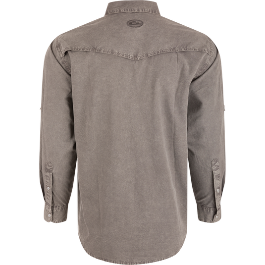 Rear view of Cinco Ranch Western Solid Acid Wash Long Sleeve Shirt, showcasing its vented western back cape, faux pearl snaps, and adjustable roll-up sleeves.