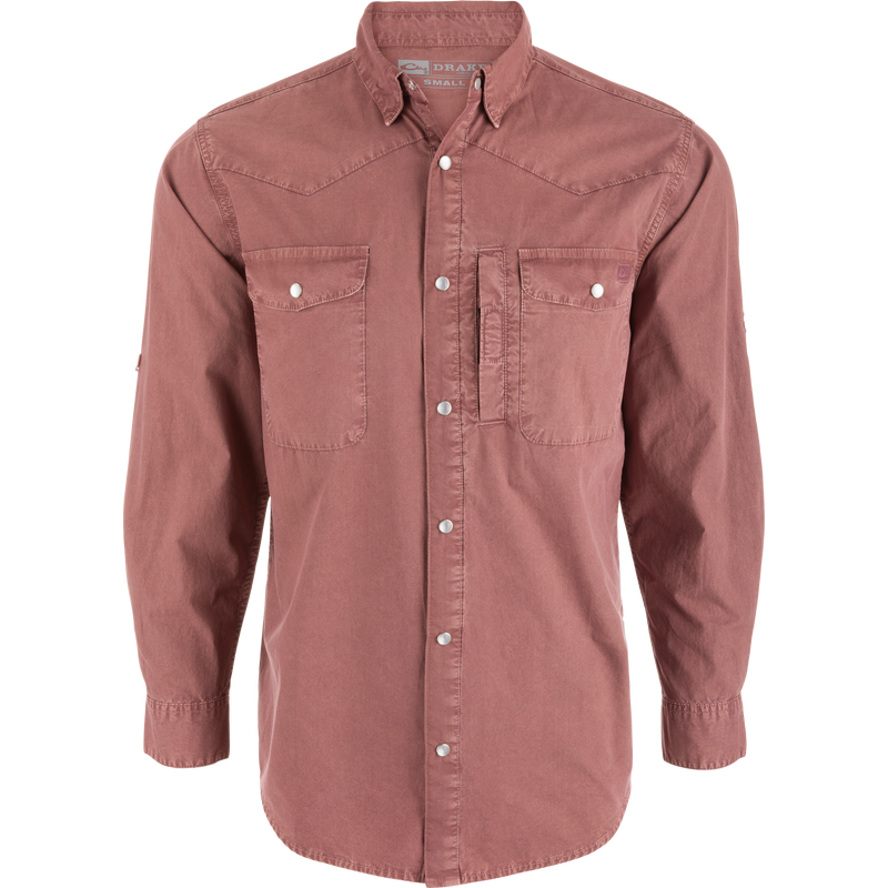 Cinco Ranch Western Solid Acid Wash Long Sleeve Shirt with Western yoke, pearl snaps, dual chest pockets, displayed on a mannequin, showcasing classic Western styling.