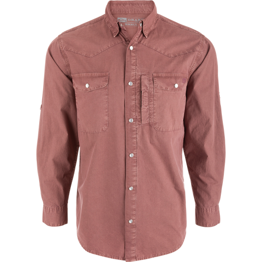 Cinco Ranch Western Solid Acid Wash Long Sleeve Shirt with Western yoke, pearl snaps, dual chest pockets, displayed on a mannequin, showcasing classic Western styling.
