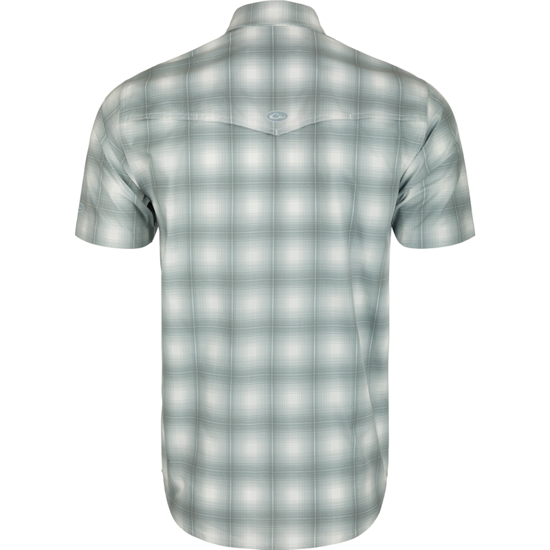 Cinco Ranch Western Plaid Shirt - Back view of a lightweight, moisture-wicking shirt with a hidden button-down collar and vented Western back. Features micro mesh for natural cooling and UPF 30 sun protection. Perfect for hunting, fishing, and outdoor activities.
