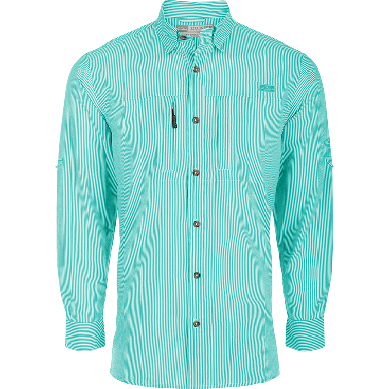 Classic Seersucker Stripe Shirt L/S, a close-up of a green and white striped shirt with a button-down collar and hidden zippered chest pocket.