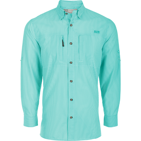 Classic Seersucker Stripe Shirt L/S, a close-up of a green and white striped shirt with a button-down collar and hidden zippered chest pocket.