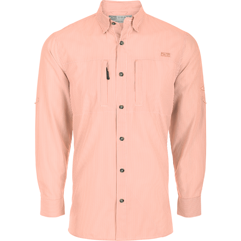 Classic Seersucker Stripe Shirt L/S: A button-down collar shirt with a hidden zippered chest pocket and Magnattach™ closure. Vented cape back for ventilation.