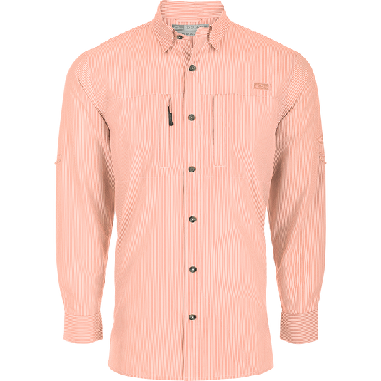 Classic Seersucker Stripe Shirt L/S: A button-down collar shirt with a hidden zippered chest pocket and Magnattach™ closure. Vented cape back for ventilation.