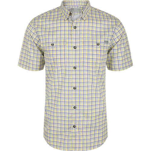 Frat Tattersall Button-Down Short Sleeve Shirt with vented cape back, button-through flap chest pockets, and sculpted hem, ideal for outdoor activities.