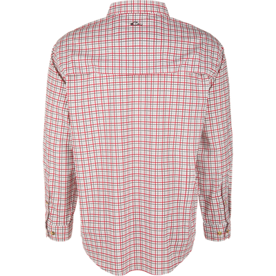 Back view of a red and gray Frat Tattersall Button-Down Long Sleeve Shirt in a performance fabric.