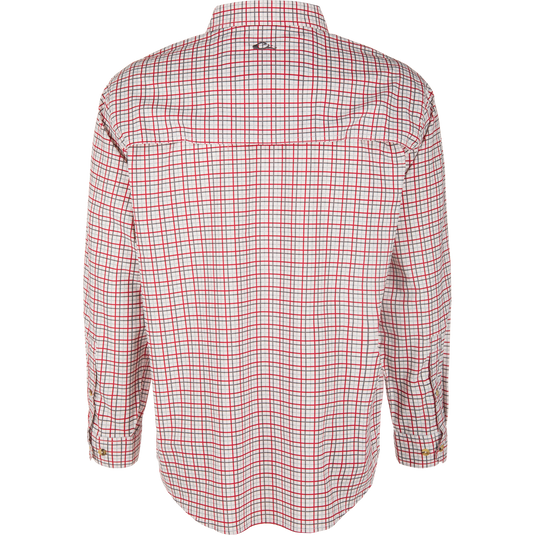 Back view of a red and gray Frat Tattersall Button-Down Long Sleeve Shirt in a performance fabric.